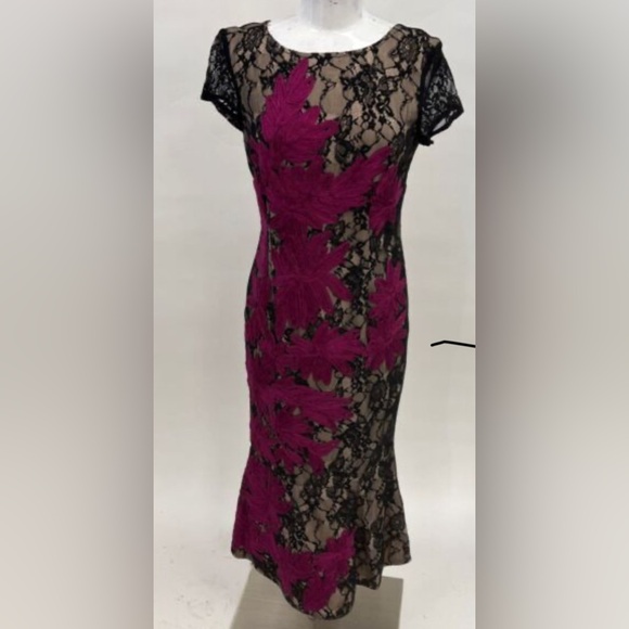 JS Collection Embroidered Lace Midi Dress in Black and Pink - Picture 5 of 12
